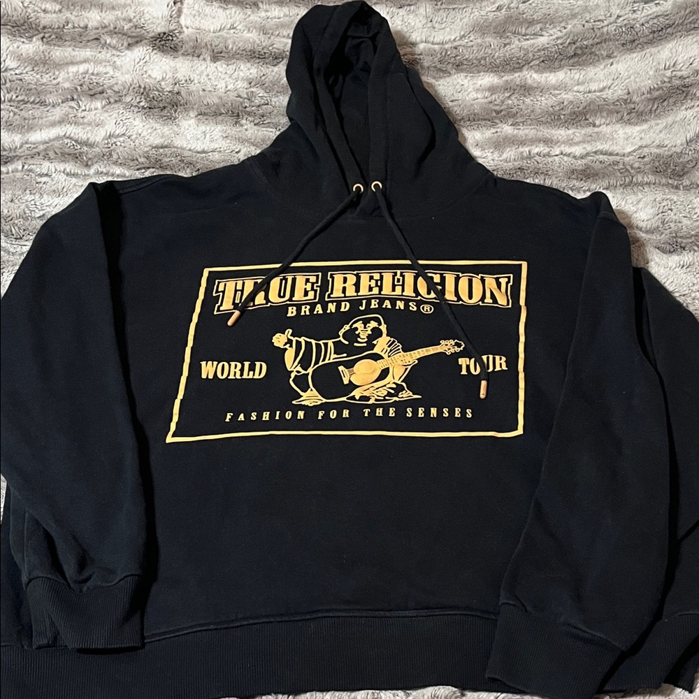 True Religion Black Hoodie with Gold Logo Panel